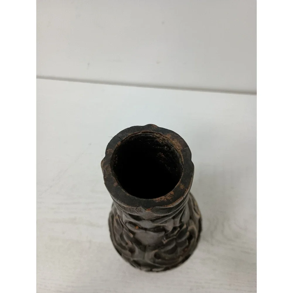 Vintage Hand Carved Turned Wood Vase 3D Raised Floral Design Rustic Primitive